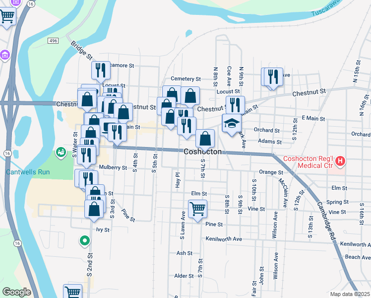 map of restaurants, bars, coffee shops, grocery stores, and more near 616 Walnut Street in Coshocton