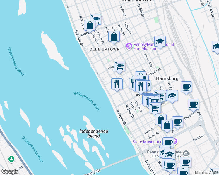 map of restaurants, bars, coffee shops, grocery stores, and more near 1612 North 2nd Street in Harrisburg