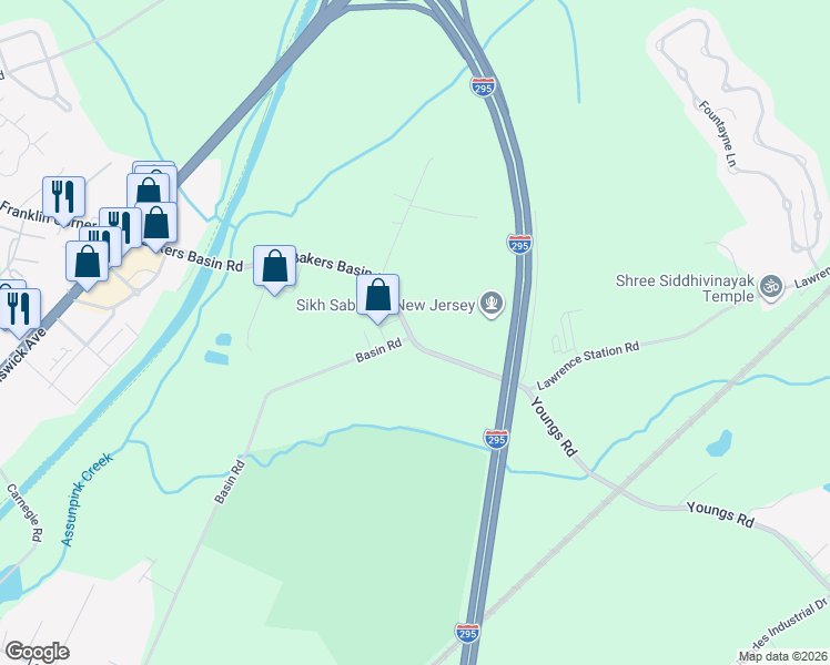 map of restaurants, bars, coffee shops, grocery stores, and more near 266 Bakers Basin Road in Lawrence Township