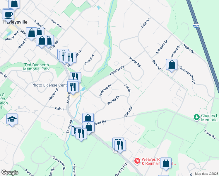 map of restaurants, bars, coffee shops, grocery stores, and more near 259 Danny Lane in Harleysville