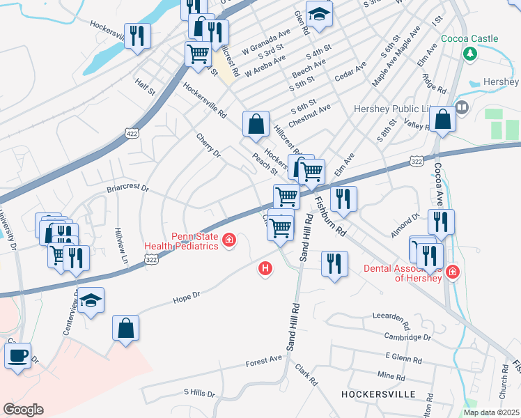 map of restaurants, bars, coffee shops, grocery stores, and more near 400 West Governor Road in Hershey