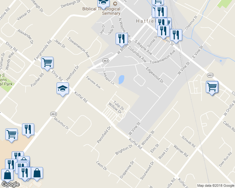 map of restaurants, bars, coffee shops, grocery stores, and more near 125 Hickory Drive in Hatfield