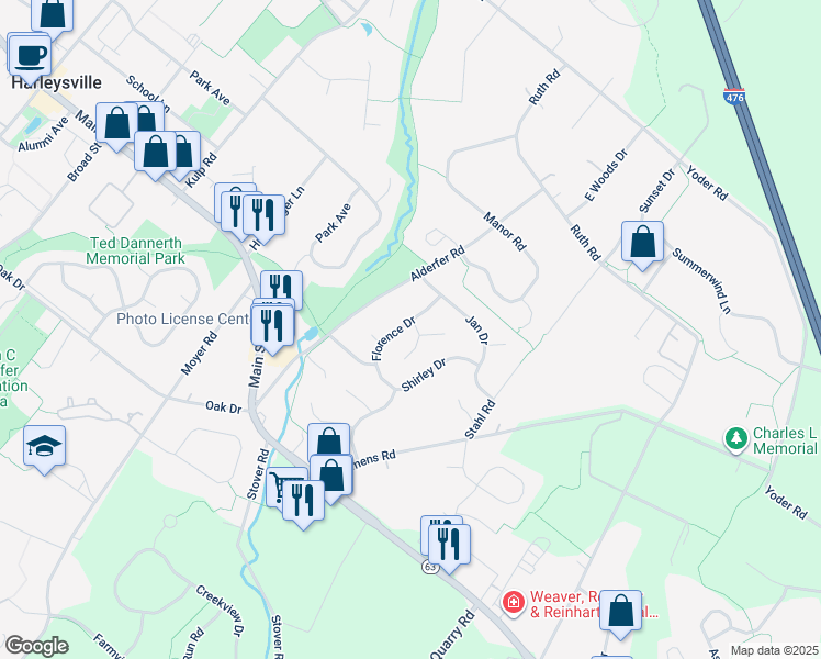 map of restaurants, bars, coffee shops, grocery stores, and more near 259 Danny Lane in Harleysville