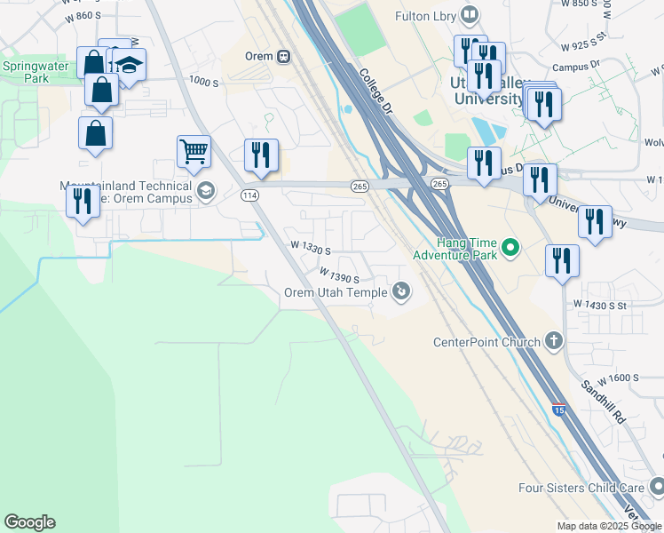 map of restaurants, bars, coffee shops, grocery stores, and more near 1372 South 1150 West Street in Orem