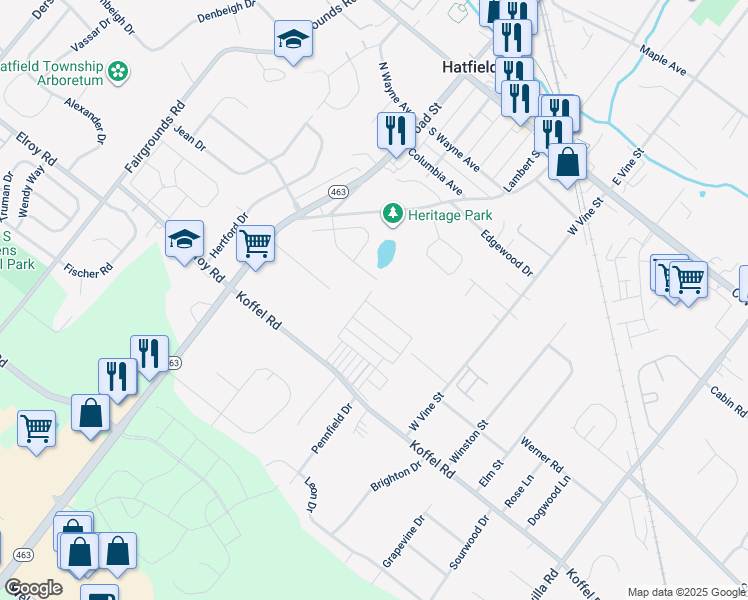 map of restaurants, bars, coffee shops, grocery stores, and more near 125 Hickory Drive in Hatfield