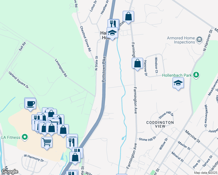 map of restaurants, bars, coffee shops, grocery stores, and more near 56-62 Steinmetz Road in Pottstown
