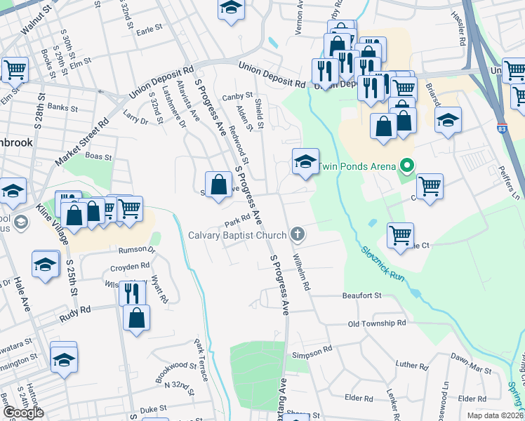 map of restaurants, bars, coffee shops, grocery stores, and more near 815 South Progress Avenue in Harrisburg
