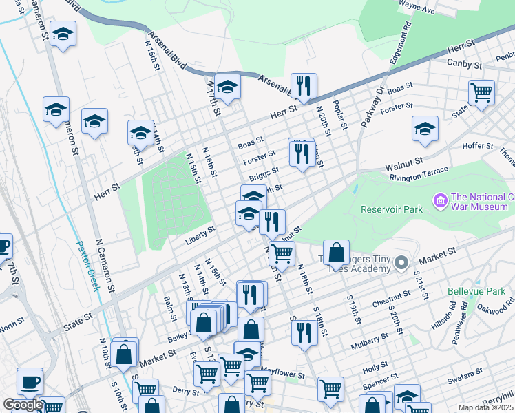 map of restaurants, bars, coffee shops, grocery stores, and more near 1624 Liberty Street in Harrisburg