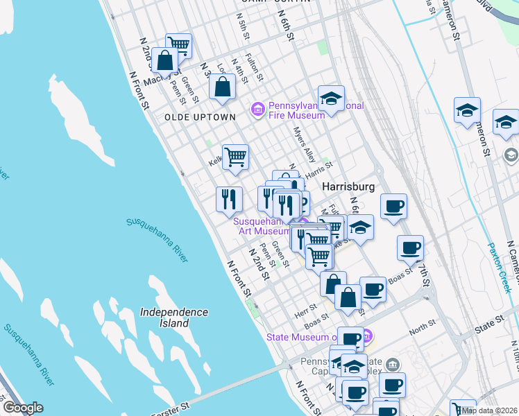 map of restaurants, bars, coffee shops, grocery stores, and more near 1514 Susquehanna Street in Harrisburg