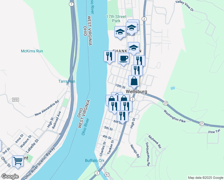 map of restaurants, bars, coffee shops, grocery stores, and more near 915 Main St in Wellsburg