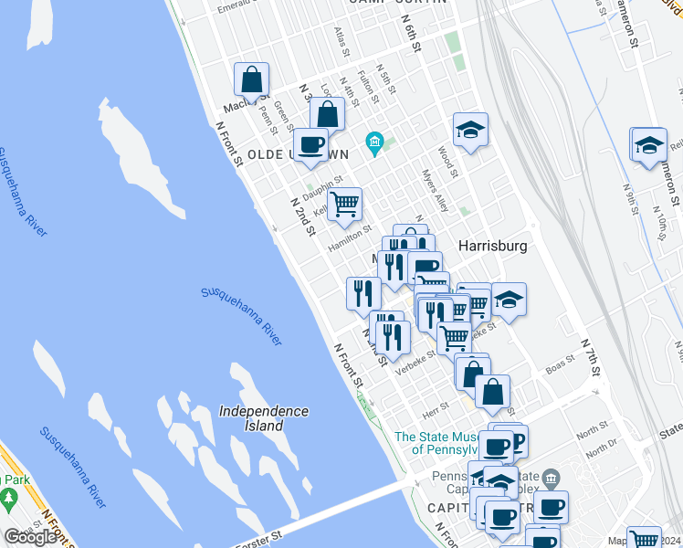 map of restaurants, bars, coffee shops, grocery stores, and more near 1609 North 2nd Street in Harrisburg