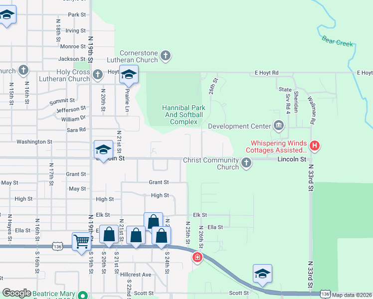 map of restaurants, bars, coffee shops, grocery stores, and more near 2420 Lincoln Street in Beatrice