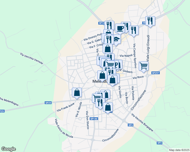 map of restaurants, bars, coffee shops, grocery stores, and more near 12 Via Luigi Cadorna in Melendugno