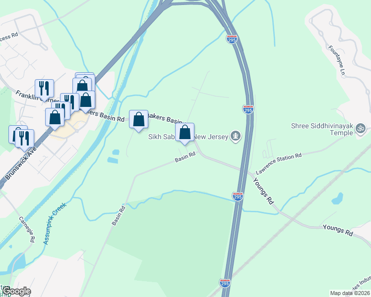 map of restaurants, bars, coffee shops, grocery stores, and more near 265 Bakers Basin Road in Lawrence Township