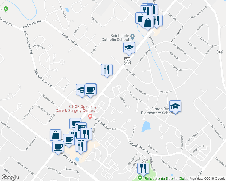 map of restaurants, bars, coffee shops, grocery stores, and more near 3201 Grey Friars Terrace in Chalfont