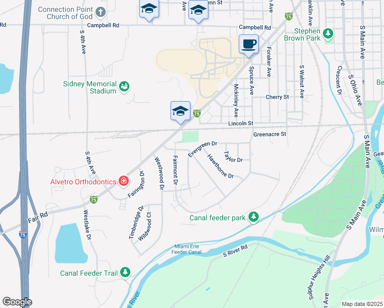 map of restaurants, bars, coffee shops, grocery stores, and more near 1101 Colonial Drive in Sidney