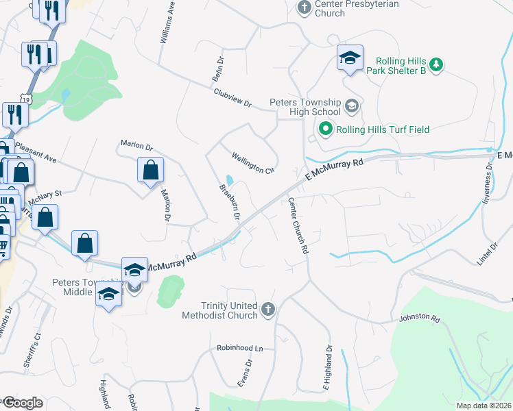 map of restaurants, bars, coffee shops, grocery stores, and more near 341 East McMurray Road in Canonsburg