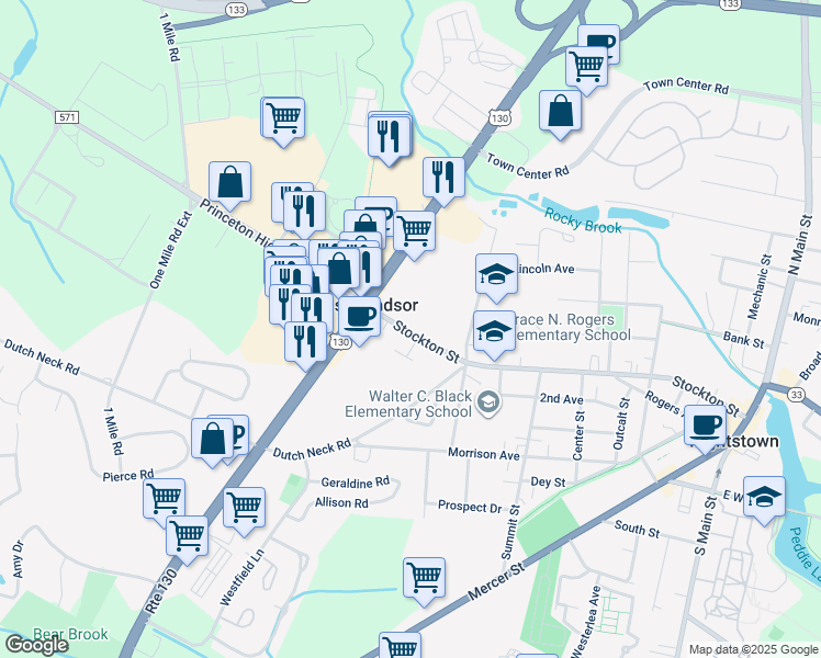 map of restaurants, bars, coffee shops, grocery stores, and more near 445 Stockton Street in East Windsor