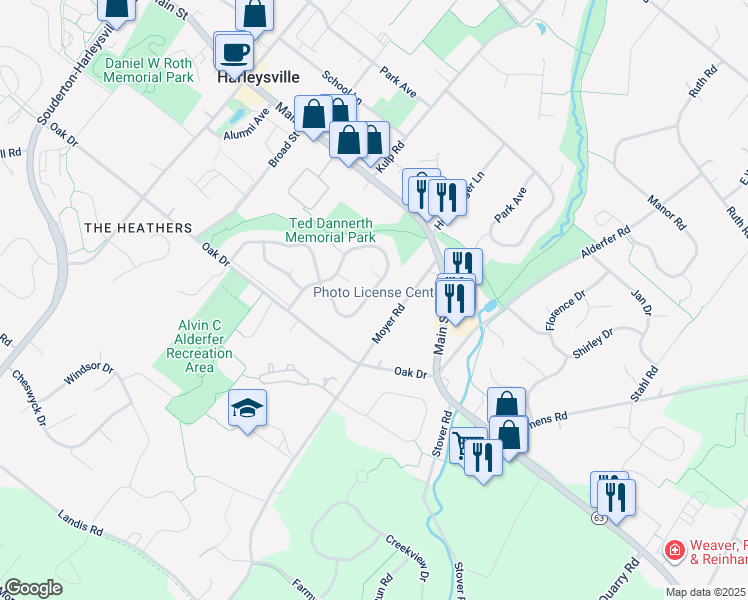 map of restaurants, bars, coffee shops, grocery stores, and more near 309 Stormfield Drive in Harleysville