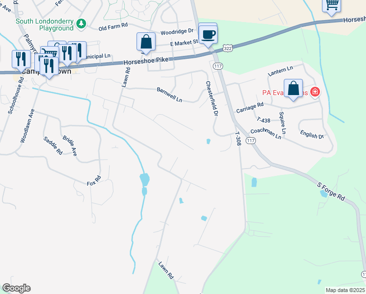 map of restaurants, bars, coffee shops, grocery stores, and more near 258 Lyndel Drive in Palmyra