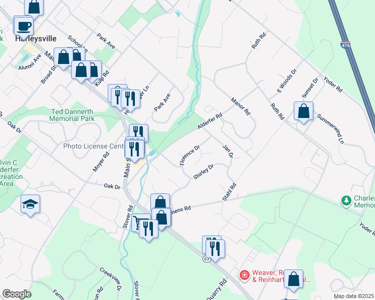 map of restaurants, bars, coffee shops, grocery stores, and more near 273 Florence Drive in Harleysville