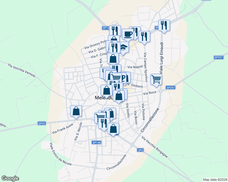map of restaurants, bars, coffee shops, grocery stores, and more near 31A Via Giuseppe Mazzini in Melendugno