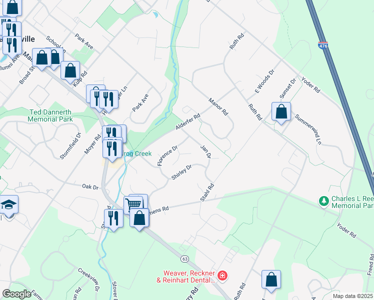 map of restaurants, bars, coffee shops, grocery stores, and more near 253 Danielle Drive in Harleysville