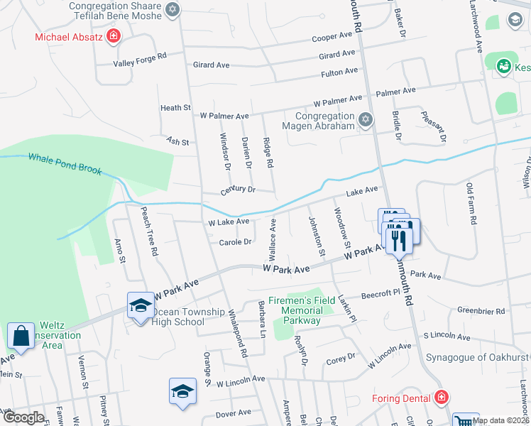 map of restaurants, bars, coffee shops, grocery stores, and more near 2 Wallace Avenue in Monmouth County