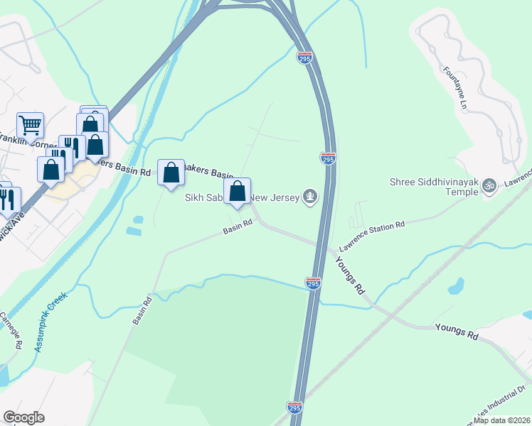 map of restaurants, bars, coffee shops, grocery stores, and more near 265 Bakers Basin Road in Lawrence Township