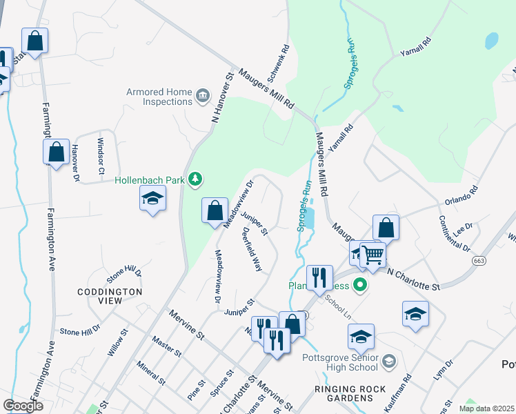 map of restaurants, bars, coffee shops, grocery stores, and more near 1453 Sweetwater Way in Pottstown