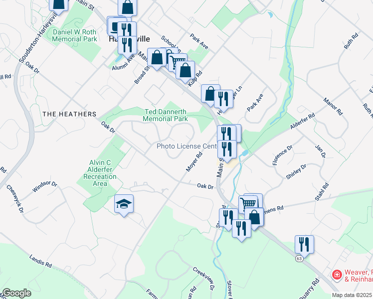 map of restaurants, bars, coffee shops, grocery stores, and more near 309 Stormfield Drive in Harleysville