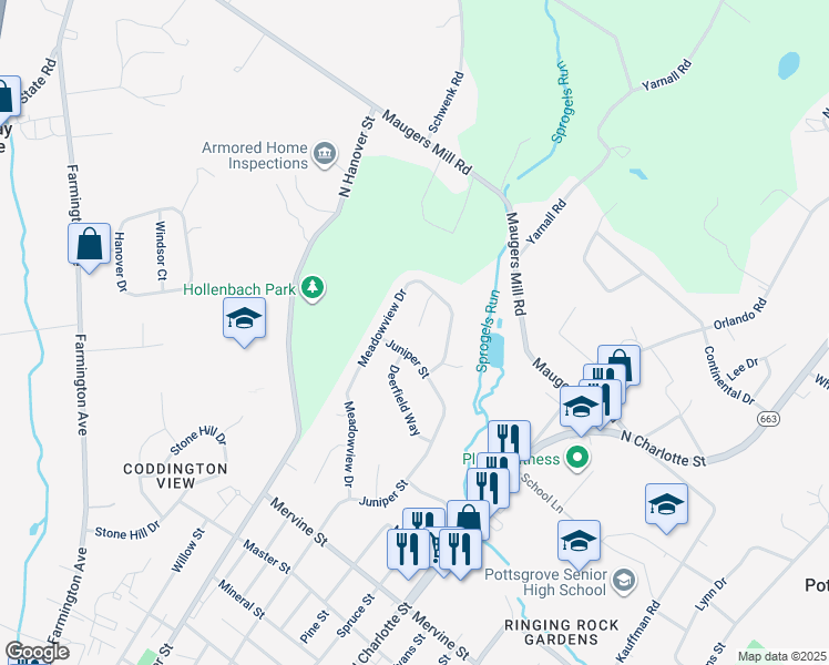 map of restaurants, bars, coffee shops, grocery stores, and more near 1453 Sweetwater Way in Pottstown