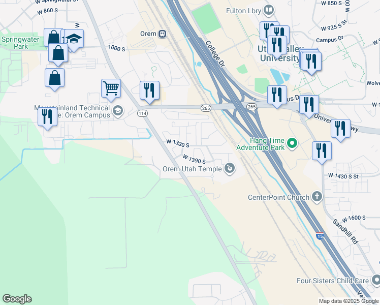 map of restaurants, bars, coffee shops, grocery stores, and more near 1372 South 1150 West Street in Orem