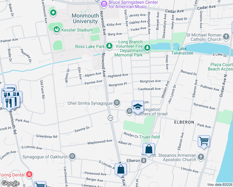 map of restaurants, bars, coffee shops, grocery stores, and more near 827 Norwood Avenue in Long Branch