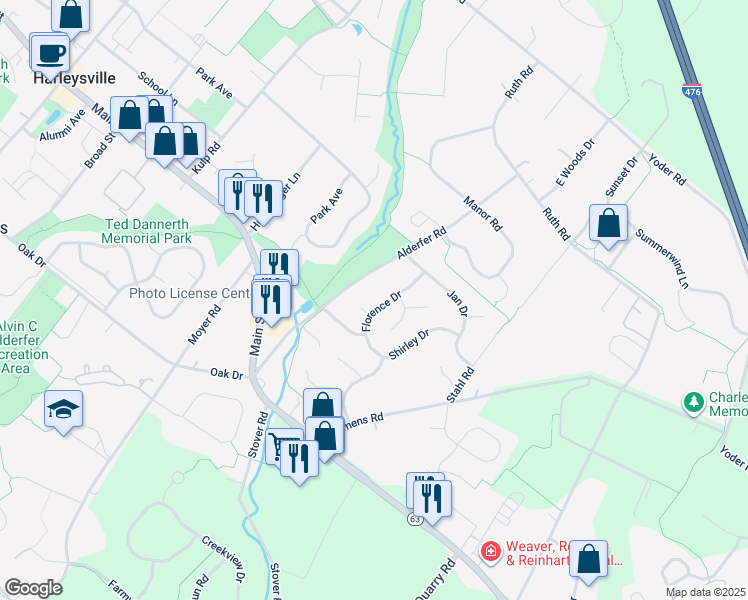 map of restaurants, bars, coffee shops, grocery stores, and more near 273 Florence Drive in Harleysville