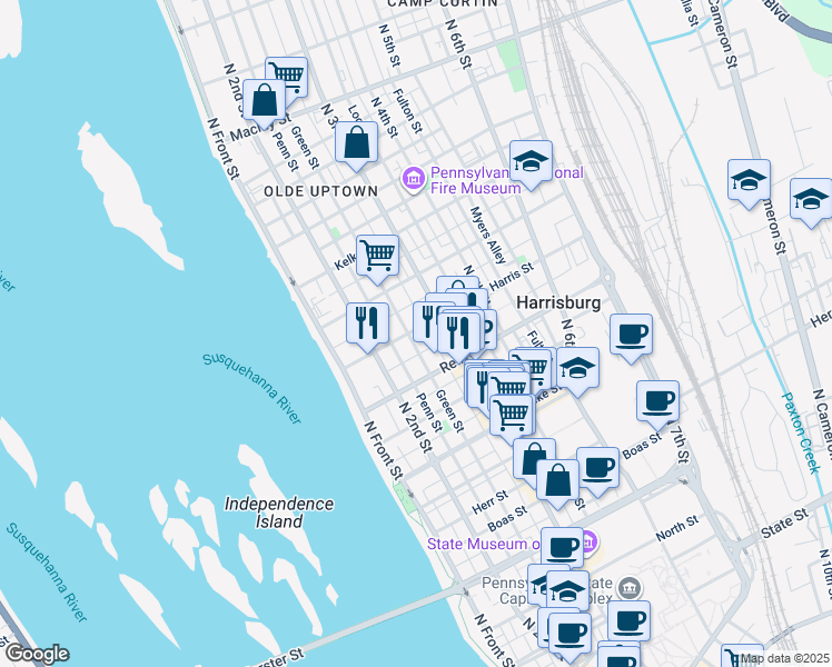 map of restaurants, bars, coffee shops, grocery stores, and more near 1514 Susquehanna Street in Harrisburg