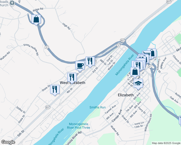 map of restaurants, bars, coffee shops, grocery stores, and more near 710 3rd Street in West Elizabeth