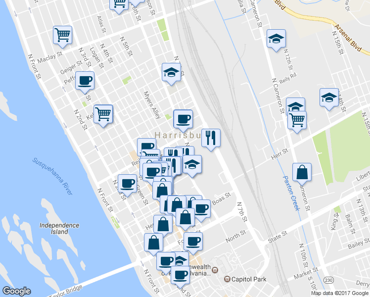 map of restaurants, bars, coffee shops, grocery stores, and more near 1404 North 6th Street in Harrisburg