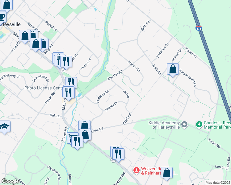 map of restaurants, bars, coffee shops, grocery stores, and more near 251 Danielle Drive in Harleysville