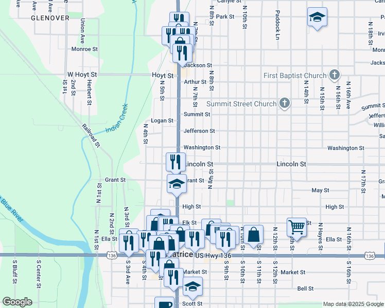 map of restaurants, bars, coffee shops, grocery stores, and more near 615 North 7th Street in Beatrice