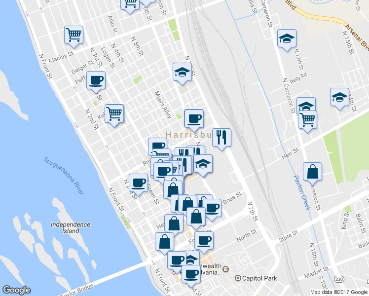 map of restaurants, bars, coffee shops, grocery stores, and more near 1413 Fulton Street in Harrisburg