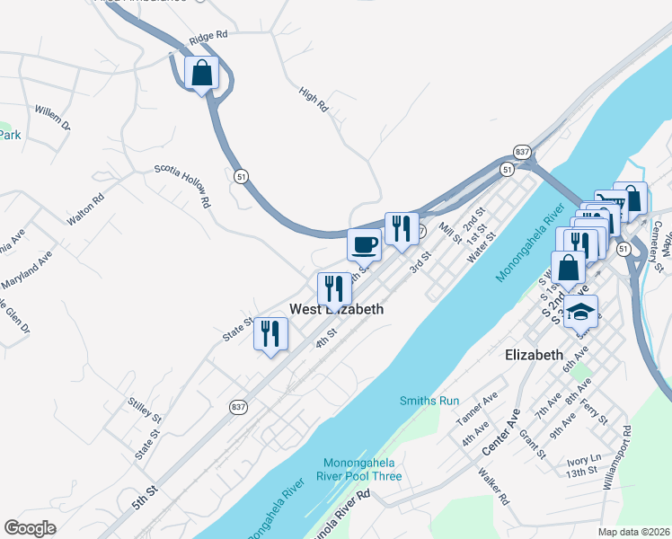 map of restaurants, bars, coffee shops, grocery stores, and more near 109 Grant Avenue in West Elizabeth