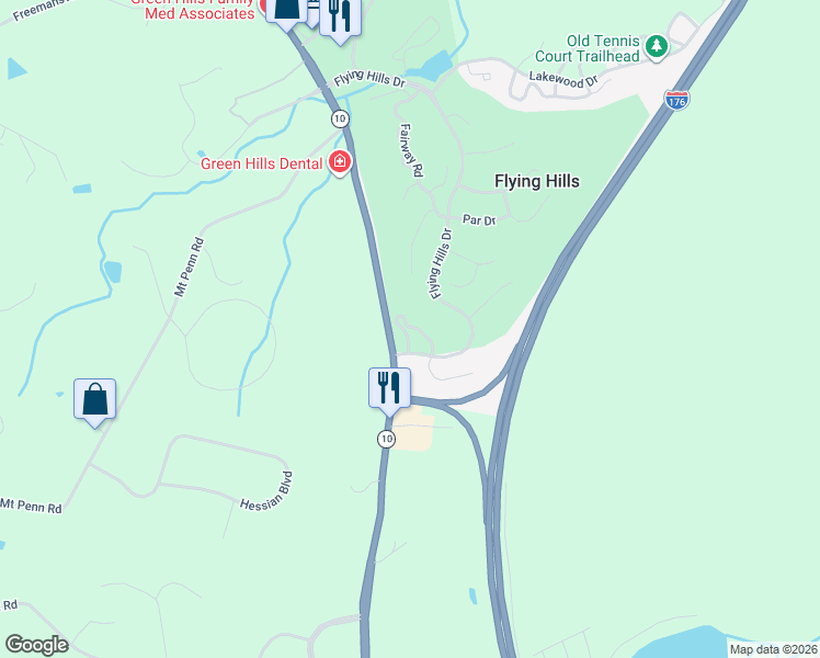 map of restaurants, bars, coffee shops, grocery stores, and more near 26 Tanglewood Drive in Reading