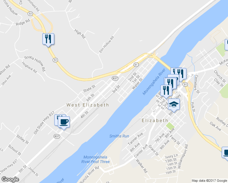 map of restaurants, bars, coffee shops, grocery stores, and more near 710 3rd Street in West Elizabeth