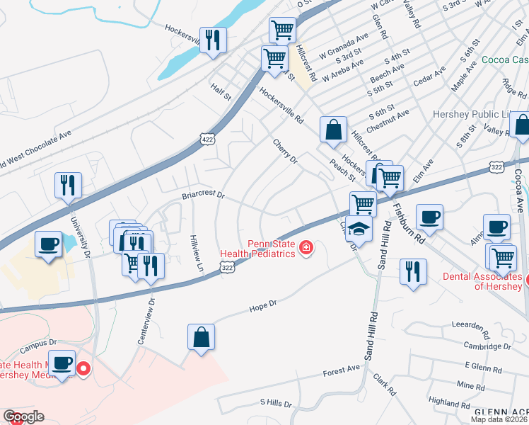 map of restaurants, bars, coffee shops, grocery stores, and more near 1012 Greenlea Road in Hershey