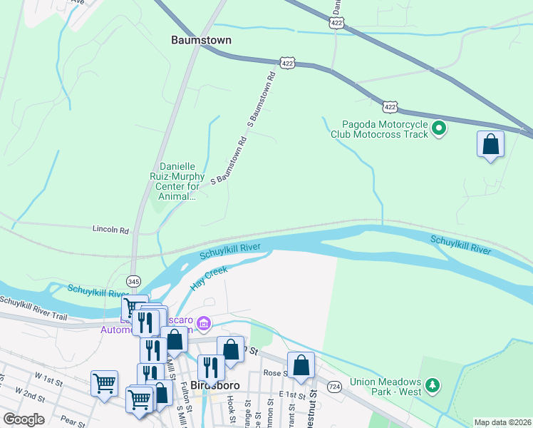map of restaurants, bars, coffee shops, grocery stores, and more near 419 South Baumstown Road in Birdsboro