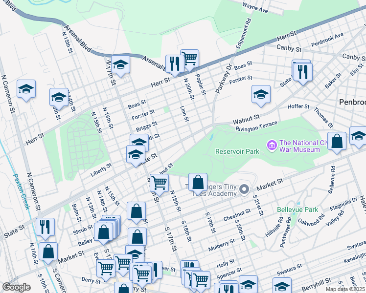 map of restaurants, bars, coffee shops, grocery stores, and more near 512 North 19th Street in Harrisburg