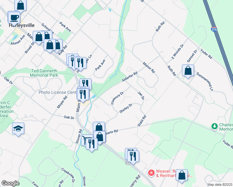 map of restaurants, bars, coffee shops, grocery stores, and more near 267-269 Florence Drive in Harleysville
