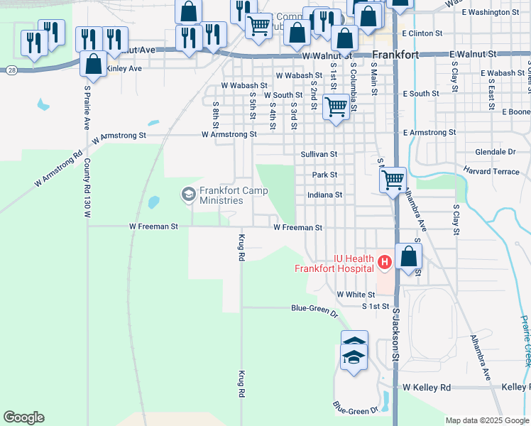 map of restaurants, bars, coffee shops, grocery stores, and more near 1052 South 4th Street in Frankfort