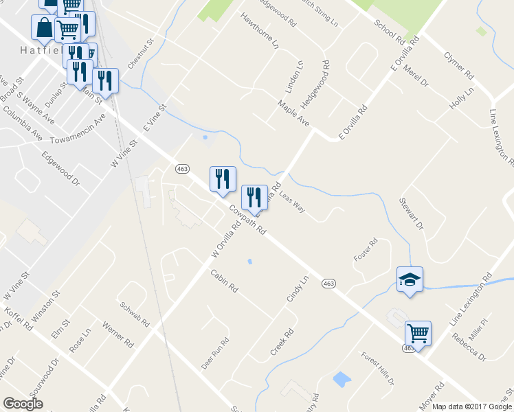map of restaurants, bars, coffee shops, grocery stores, and more near 1926 East Orvilla Road in Hatfield